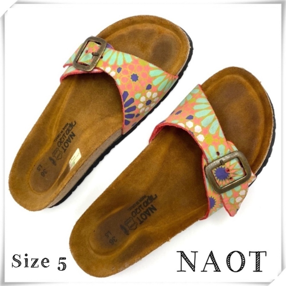 NAOT Retro Floral Print Belted Leather Slide Sandals in Orange Size 5